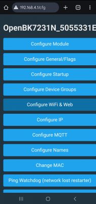 OpenBeken Configuration Interface OpenBeken configuration panel on a mobile device