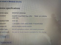 Screenshot showing device specifications with an Intel Core 2 Duo T9600 processor.