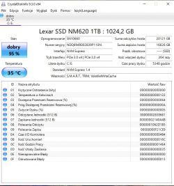 Zrzut ekranu z programu CrystalDiskInfo pokazujący status dysku SSD Lexar NM620 1TB z poziomem zdrowia 95%.