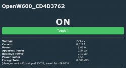 Screen showing the OpenW600 smart plug interface with energy consumption information.