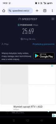 Zrzut ekranu z aplikacji Speedtest.net pokazujący prędkość pobierania 25.69 Mbps.
