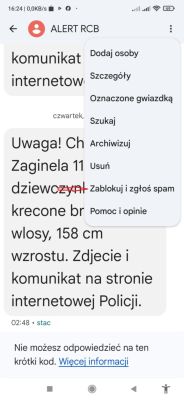 Zrzut ekranu z aplikacji wiadomości, na którym rozwinięto menu opcji z zaznaczoną pozycją „Zablokuj i zgłoś spam”.