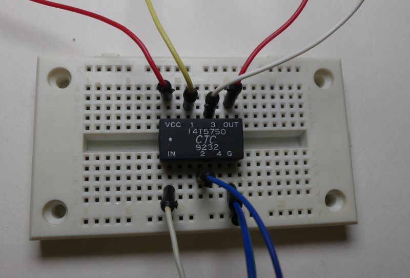 14T5750 CTC IC connected to breadboard with jumper wires