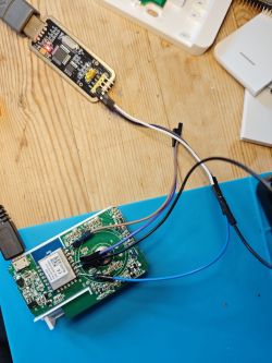XR3 Module with Connected USB-TTL Interface Electronic circuit with connected wires and XR3 module.