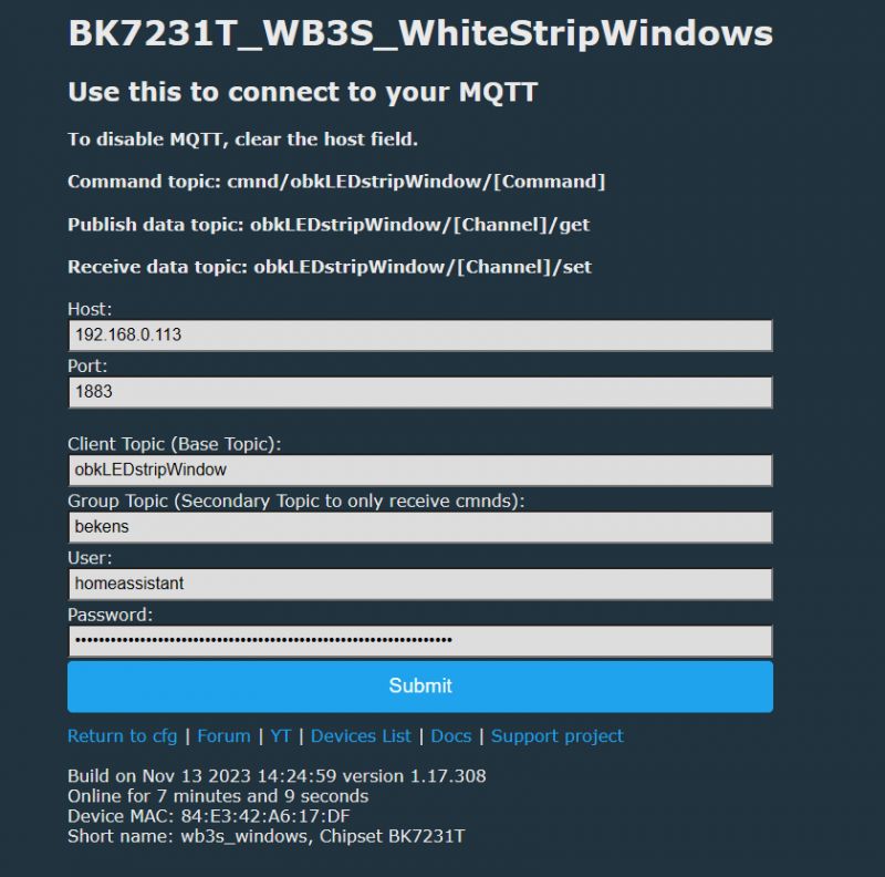MQTT Configuration for BK7231T_WB3S_WhiteStripWindows MQTT configuration for BK7231T_WB3S_WhiteStripWindows device