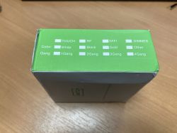 Product packaging with a list of technological and color options.