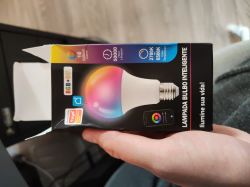 A person is holding a box of an RGB smart bulb, showing a colorful bulb graphic and information labels.
