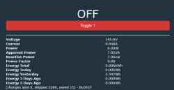 Screenshot of a control panel displaying OFF and energy usage data.