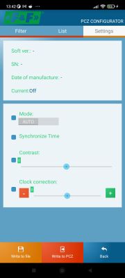 Ekran ustawień aplikacji PCZ CONFIGURATOR firmy F&amp;F z opcjami konfiguracji urządzenia.