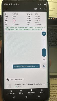 Telefon z aplikacją NetMonster wyświetlającą parametry sieci LTE z nadajnika w miejscowości Strusy.