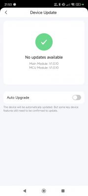 Device Update Screen with No Updates Available Device update screen showing no updates available. Main module and MCU module versions are V1.0.10.