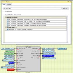 Okno wyszukiwania w programie sterownika PLC z odnośnikami do zmiennej UI5_bufor_dol