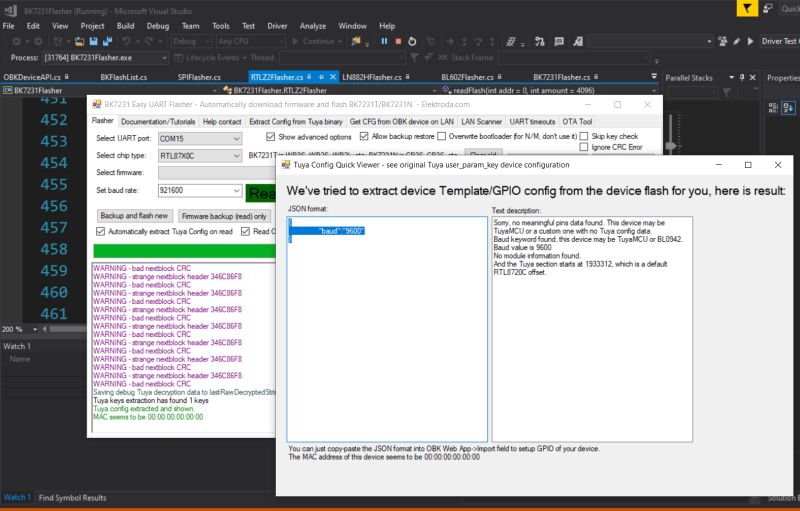 BK7231GUIFlashTool interface with warning messages and Tuya config result window