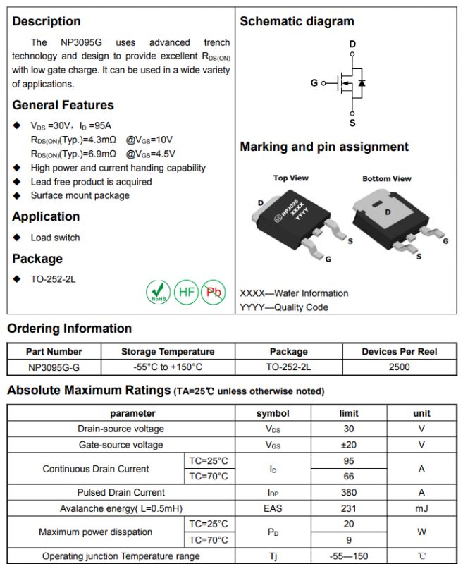 NP3095G transistor datasheet with diagrams, specifications, and features.