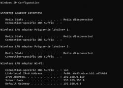 Screenshot of Windows IP configuration showing disconnected Ethernet and two LAN connections, with active Wi-Fi connection.