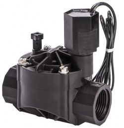 Black solenoid valve with coil, cable, and threaded ports on a white background