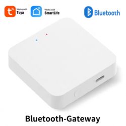 White Bluetooth gateway with Tuya, SmartLife, and Bluetooth logos.