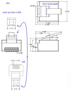 Rysunki techniczne złącza RJ45 „short body” i wtyczki RJ9 z węższym języczkiem blokującym