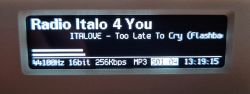 Display of ESP32 digital radio showing current station and track information.