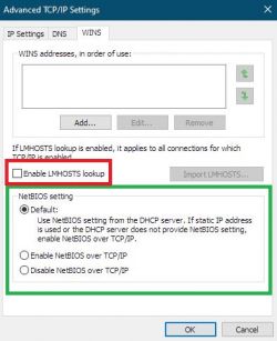 Okno ustawień zaawansowanych TCP/IP z opcją wyłączenia NetBIOS.