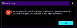 Komunikat systemowy informujący, że komputer nie jest gotowy na Windows 11.