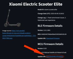 Zrzut ekranu strony z informacjami o firmware dla hulajnogi Xiaomi Elite
