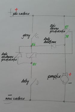 Ręcznie narysowany schemat elektryczny z przekaźnikiem, diodami i pompką