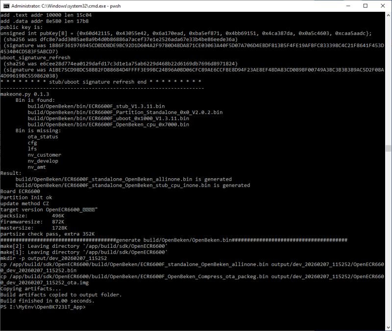 Windows console screenshot showing OpenBeken firmware build logs and generated binary files