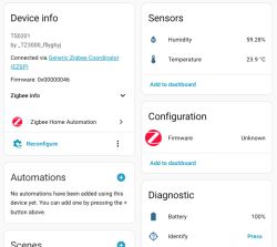 Zigbee TS0201 device panel showing temperature, humidity, and status info.