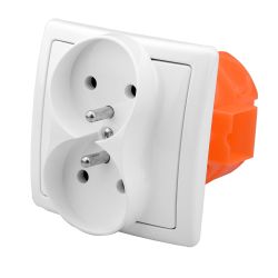 Double in-wall 230V socket by Simet, white front with orange mounting box