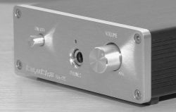 Front Panel of New Headphone Amplifier Close-up of the front panel of a headphone amplifier with on/off switch, headphone jack, and volume knob.