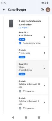 Zrzut ekranu ustawień sesji konta Google na telefonach z Androidem.