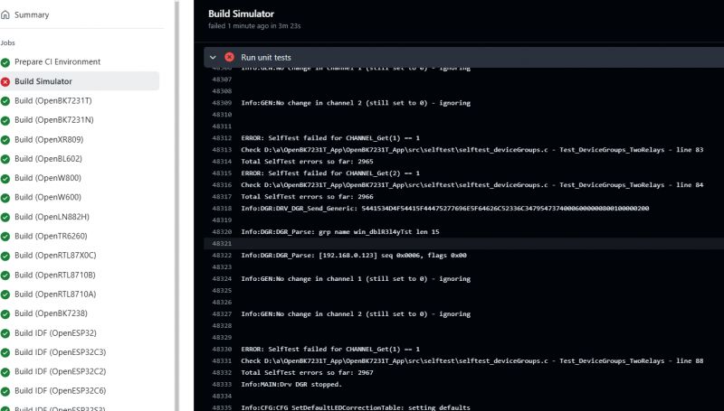 CI/CD Panel with Build Simulation Error Computer screen from a CI/CD panel showing various build and test job statuses, with one error.