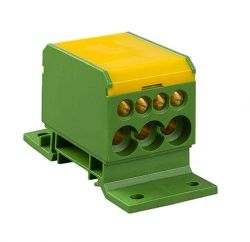 Zielono-żółty terminal elektryczny z otwartą obudową ukazującą metalowe wnętrze.