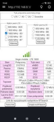 Ekran konfiguracji B535 z połączeniem Virgin mobile LTE 1800.
