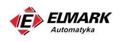 Logo firmy Elmark Automatyka z literą „E” w rombie na białym tle.