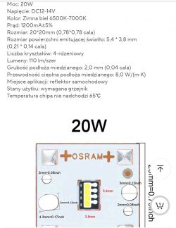 Dane techniczne i zdjęcie modułu LED 20W w kolorze zimnej bieli