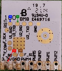 WB2L Module with Pin Labels Close-up of the WB2L module with described pins and color-coded labels.