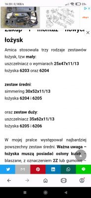 Tekst o rozmiarach uszczelniaczy do zestawów łożysk.