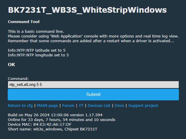 Screenshot showing the Command Tool interface for the BK7231T device.