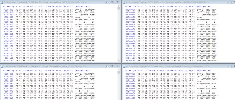 Four flash memory dump windows in hex editor view with decoded text