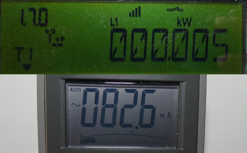 Wyświetlacze dwóch urządzeń pomiarowych pokazujące pobór prądu i zużycie energii