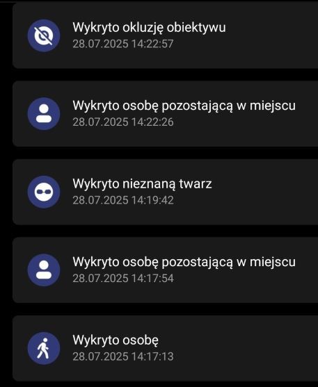 Zrzut ekranu z powiadomieniami systemu monitoringu z datą i godziną.