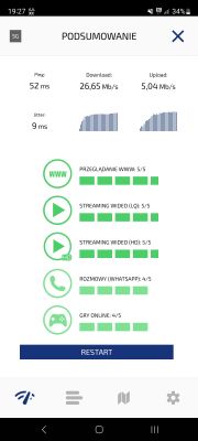Zrzut ekranu z wynikami testu sieci komórkowej pokazujący prędkości pobierania 26,65 Mb/s i wysyłania 5,04 Mb/s.