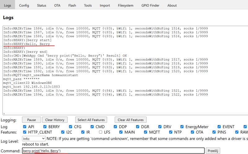 Berry Logs Screenshot in OpenBeken Screenshot of logs showing execution of the command berry print('Hello, Berry') in the OpenBeken environment.