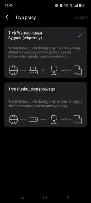 Zrzut ekranu trybu pracy wzmacniacza sygnału Wi-Fi z dwoma opcjami do wyboru