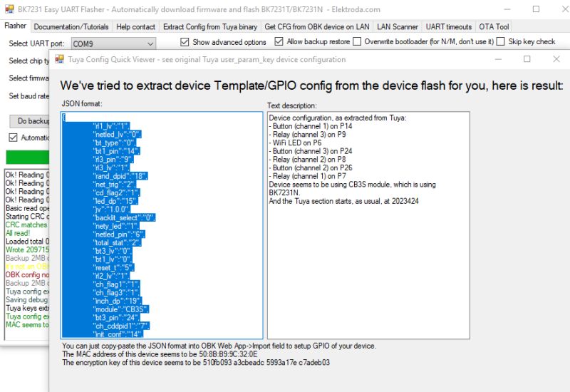 BK7231 Flasher window showing GPIO configuration in JSON format and descriptive text.
