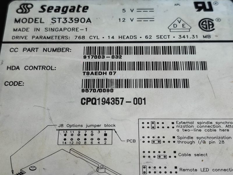 Seagate ST3390A Label from 1994 Label of Seagate ST3390A 341 MB hard drive from 1994.