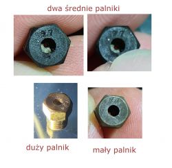 Cztery dysze do kuchenki gazowej trzymane w palcach: dwie dla średnich palników, jedna dla dużego i jedna dla małego palnika, z wyraźnymi oznaczeniami.