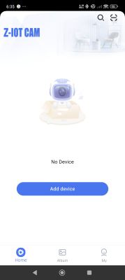 Z-IOT CAM app screen showing No Device message and Add device button